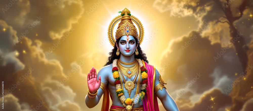 Fototapeta premium Lord vishnu giving blessings 8k image in golden clouds