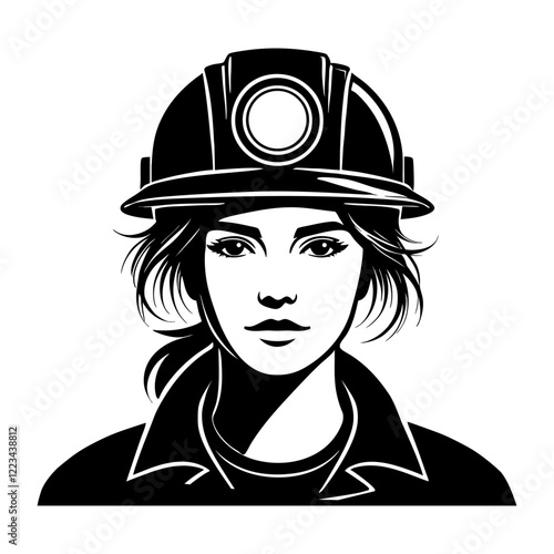 portrait of a woman miner wearing headlamp and protective hardhat monochrome clip art illustration
