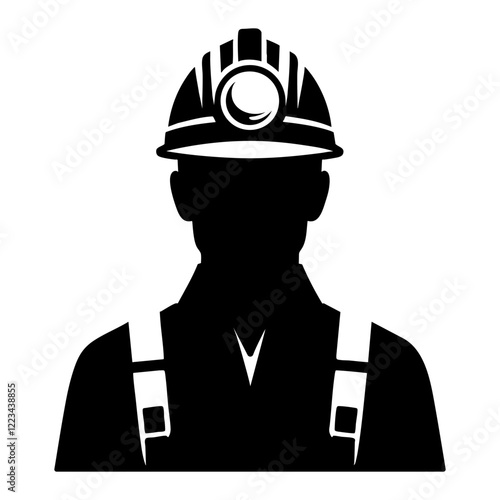 Miner silhouette wearing headlamp and protective hardhat monochrome clip art illustration