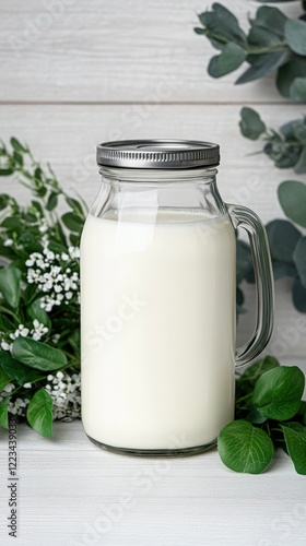 A glass jar filled with fresh milk rests on a rustic wooden surface, beautifully surrounded by lush greenery all around photo