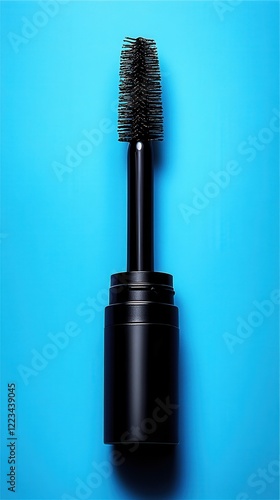 Black Mascara with Brush on Blue Background for Beauty Products photo