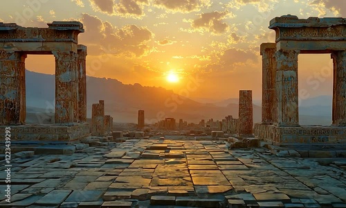 Ruins of ancient Persepolis, remains go temple with columns, panoramic view