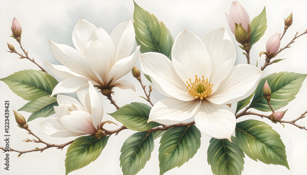 Delicate Watercolor Magnolia Blossoms with Green Leaves on Light Background Delicate Watercolor Magnolia Blossoms with Green Leaves on Light Background
