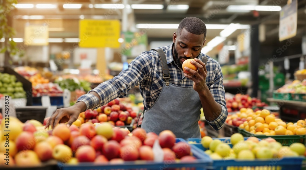 A man wearing an apron selects fresh apples from a well-stocked fruit display at a busy market A man wearing an apron selects fresh apples from a well-stocked fruit display at a busy market