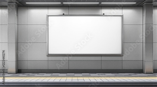 Minimalist underground train station platform features a large white advertising billboard. The design clearly emphasizes spaciousness and modern architecture,