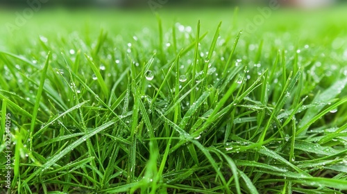 A detailed shot of fresh spring grass in the early morning, with tiny droplets of dew sparkling like diamonds in the soft sunlight