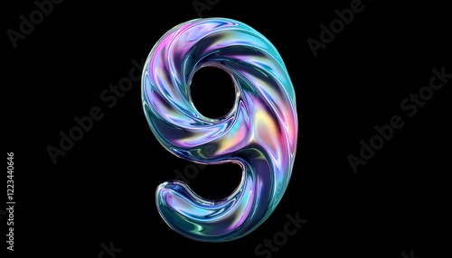 iridescent number nine 9 - isolated on black background - neon glowing number