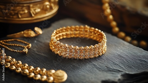Gold jewellery with bracelet necklace and rings on slate plate