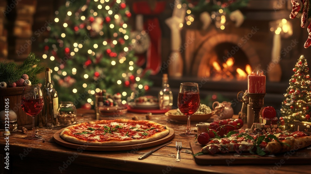 Festive christmas dinner with pizza and wine by the fireplace Festive christmas dinner with pizza and wine by the fireplace