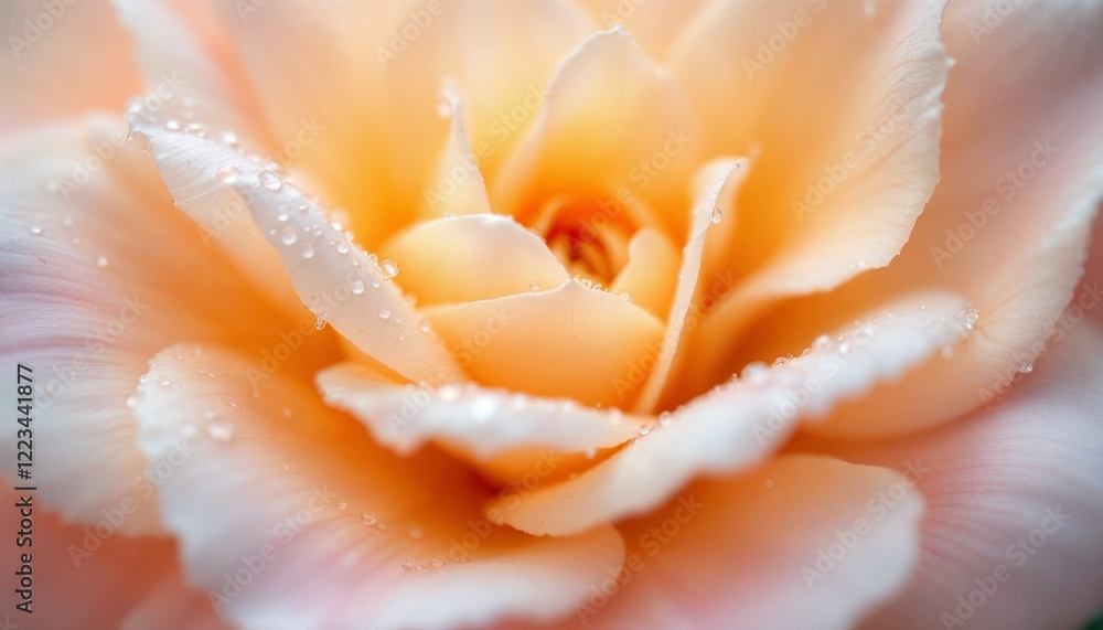 Fototapeta premium Delicate flower petals, water droplets, peach-yellow tones, soft focus, floral texture, extreme close-up, natural light, vibrant colors, macro photo