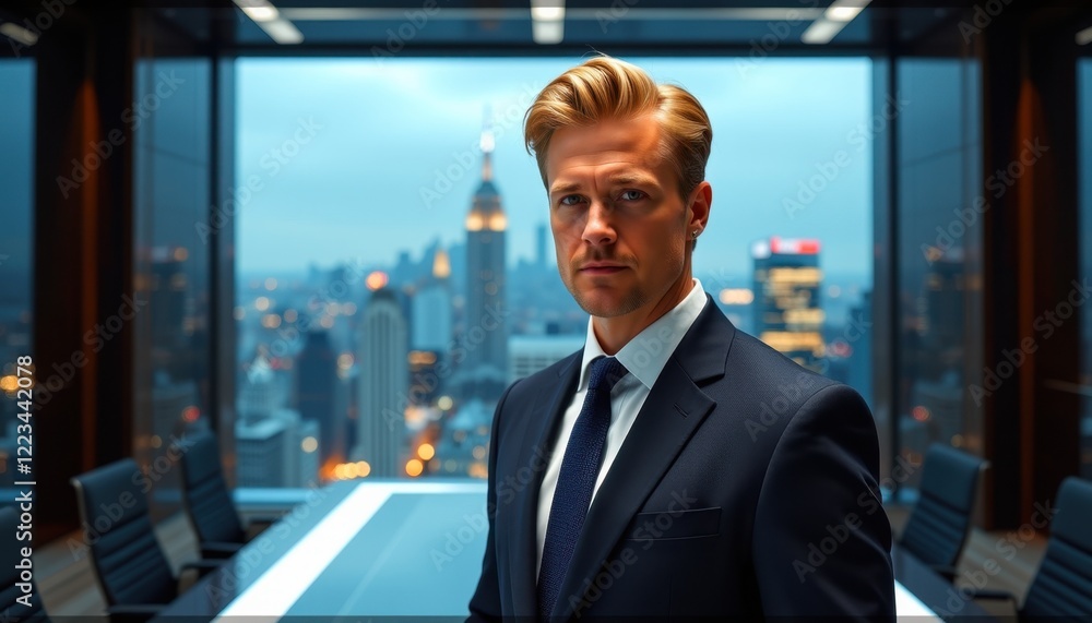 Serious Man in a Dark Blue Suit with City Skyline View from a Large Glass Window Serious Man in a Dark Blue Suit with City Skyline View from a Large Glass Window