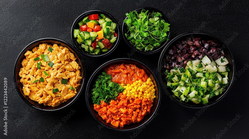 A colorful arrangement of fresh vegetables and a grain dish in bowls on a dark background, perfect for a healthy meal or salad preparation. A colorful arrangement of fresh vegetables and a grain dish in bowls on a dark background, perfect for a healthy meal or salad preparation.