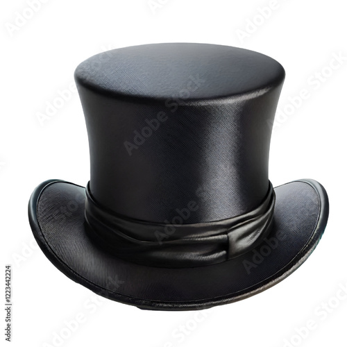 A black silk top hat, often seen in formal events or as part of magician costumes ON TRANSPARENT BACKGROUND
