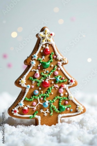 Royal icing decorated gingerbread tree on white background with snowflakes, christmas, tree, seasonal photo