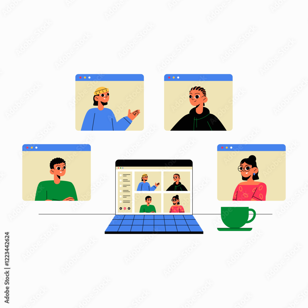 Online Meeting With Diverse Participants In Flat Vector Illustration Symbolizing Virtual Collaboration, Communication, And Remote Work, Isolated On White Background Online Meeting With Diverse Participants In Flat Vector Illustration Symbolizing Virtual Collaboration, Communication, And Remote Work, Isolated On White Background