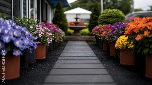 Wallpaper Mural Colorful potted flowers line walkway to fountain Torontodigital.ca