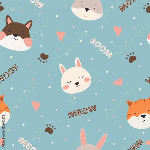 Seamless pattern with cute animal faces. Woodland animal heads cartoon background for kids textile, wrapping paper, wallpaper, fabric.