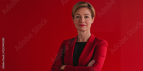 professional businesswoman in red office suit copy space red poster type isolated background 