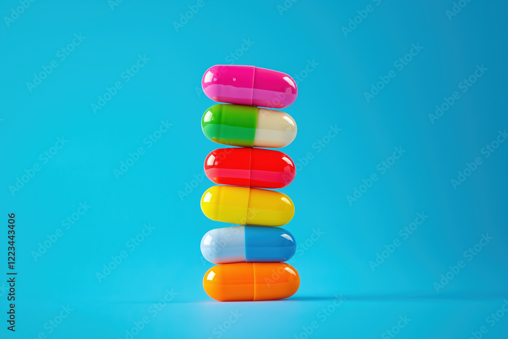 Stack of colorful capsules on a blue background Stack of colorful capsules on a blue background