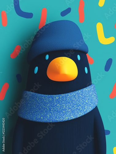 A knitted toy penguin in blue and light blue with a red and yellow spotted sweater on a dark blue backdrop. Greeting card. Design. photo