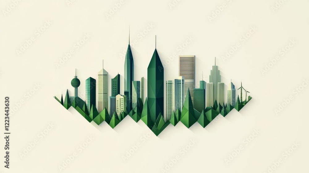Fototapeta premium Stylized city skyline with green elements and modern architecture.