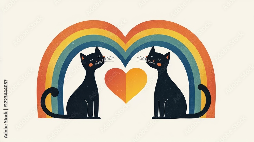 Obraz premium Two black cats under a colorful rainbow and heart symbol.
