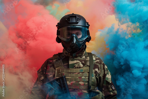 Dynamic paintball player in action with vibrant splashes of color - Generative AI artwork photo