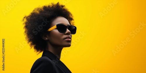young curly hair black woman with sunglasses in a isolated yellow background
