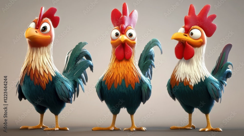 Fototapeta premium Three cartoon roosters with vibrant feathers and expressive faces