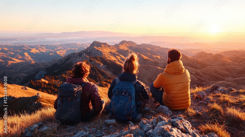 Fototapeta premium Friends watch sunset from mountain peak, enjoying panoramic view
