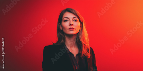 young executive woman in a power pose in red isolated background, poster type background
