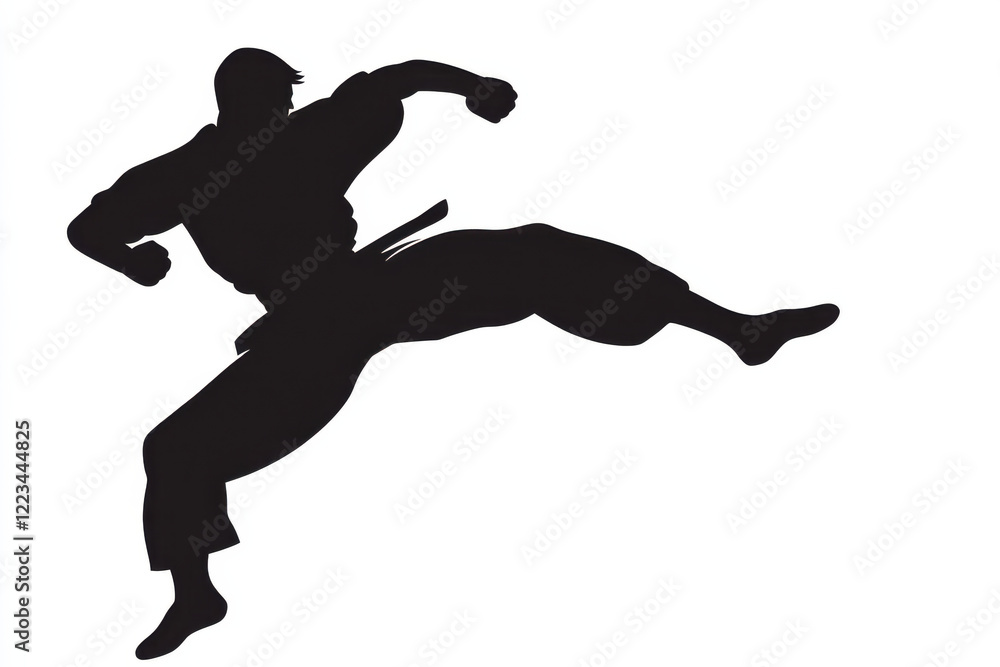 Silhouette eines Karatekämpfers beim dynamischen Sprungtritt,
silhouette of a karate fighter performing a dynamic jump kick Silhouette eines Karatekämpfers beim dynamischen Sprungtritt,
silhouette of a karate fighter performing a dynamic jump kick