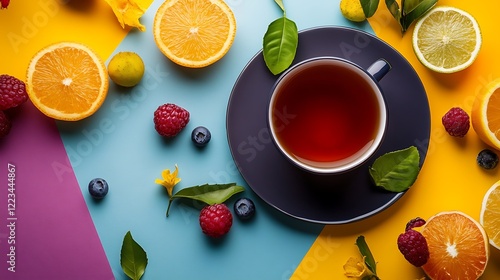 Gray kitchen napkin with fruity tea isolated on a colorful background