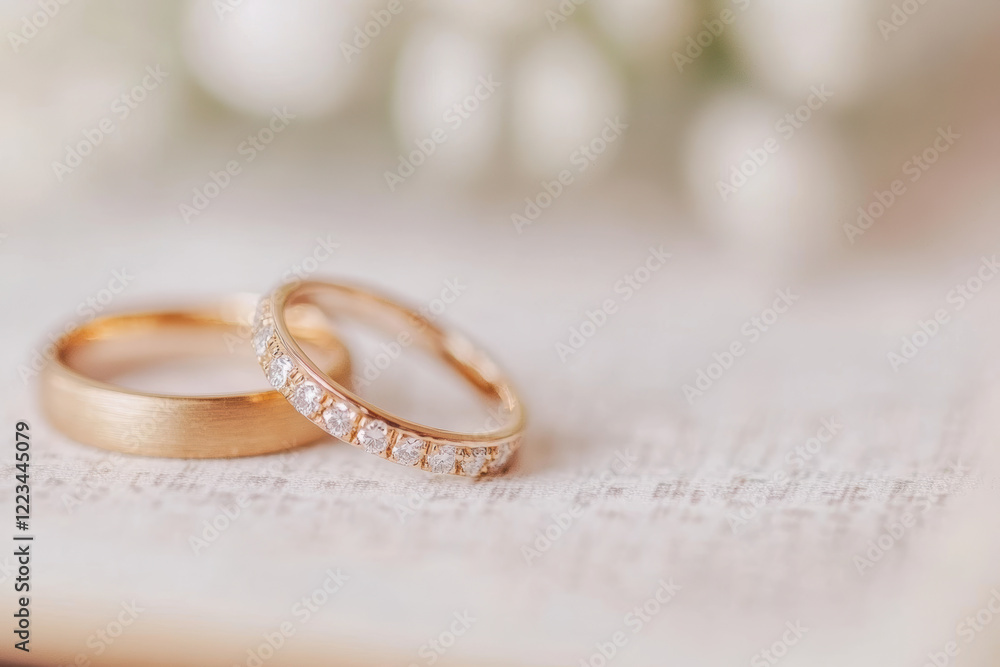 Elegant Gold Wedding Rings on Textured Background with Soft Bokeh Effect Elegant Gold Wedding Rings on Textured Background with Soft Bokeh Effect