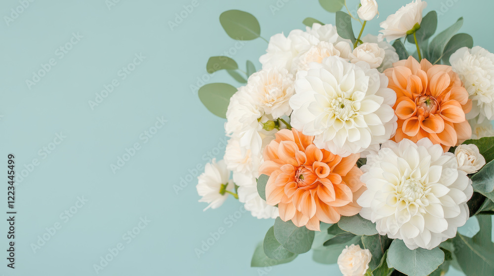 Fototapeta premium Pastel Flower Bouquet with White and Orange Dahlias on Soft Turquoise Background