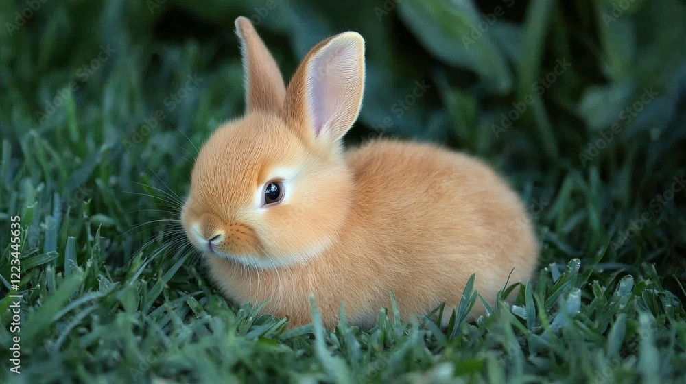 Adorable fluffy brown rabbit resting on lush green grass in nature Adorable fluffy brown rabbit resting on lush green grass in nature