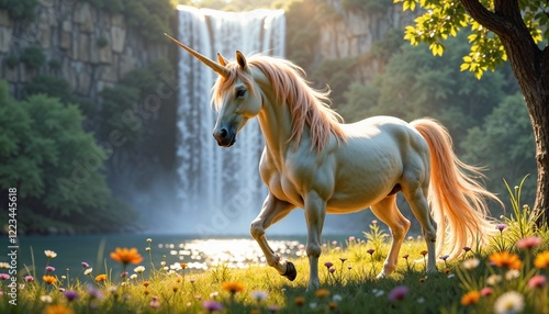 Majestic unicorn with flowing mane trotting near a waterfall in a lush natural landscape photo