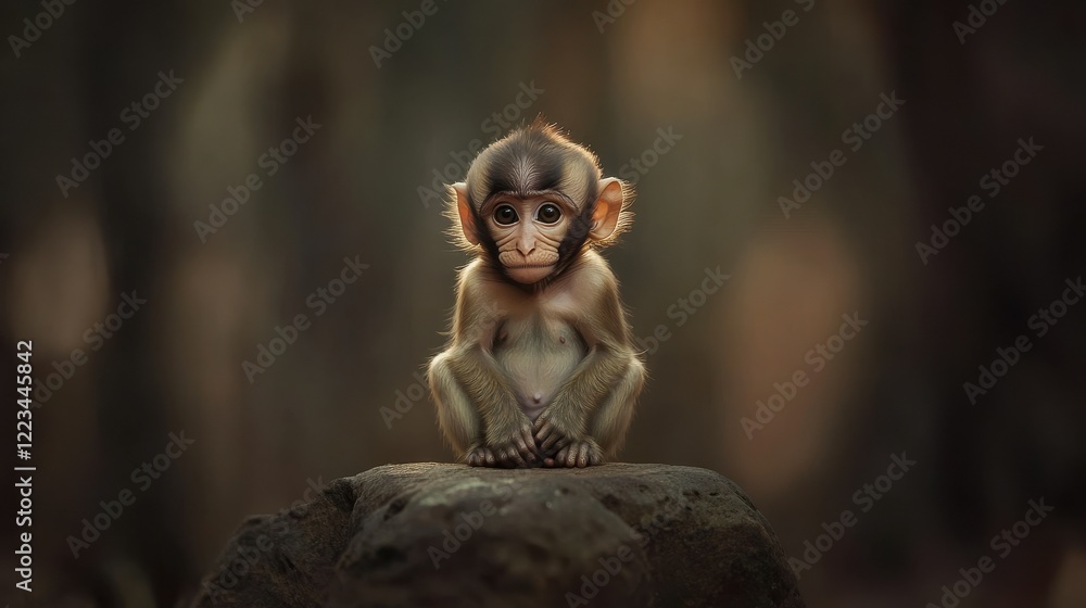 Adorable baby monkey sitting on rock in natural habitat Adorable baby monkey sitting on rock in natural habitat