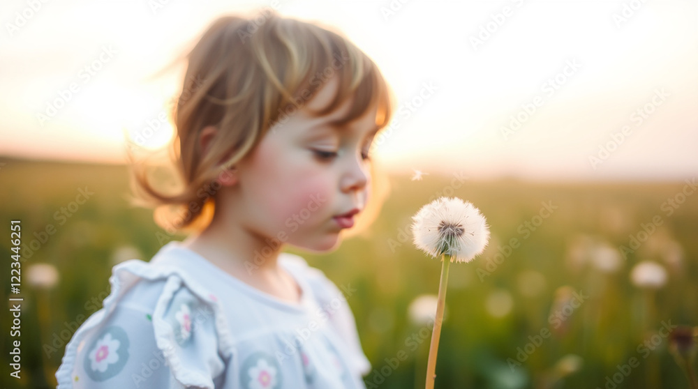 Toddler girl blowing dandelion seeds at sunset. Toddler girl blowing dandelion seeds at sunset.
