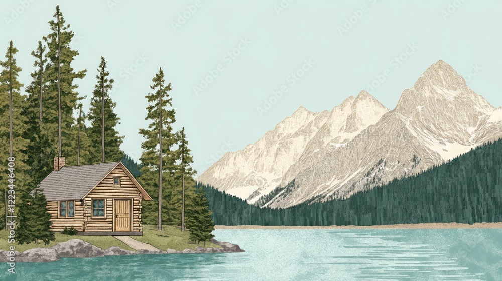 Fototapeta premium Secluded Log Cabin Beside Serene Mountain Lake
