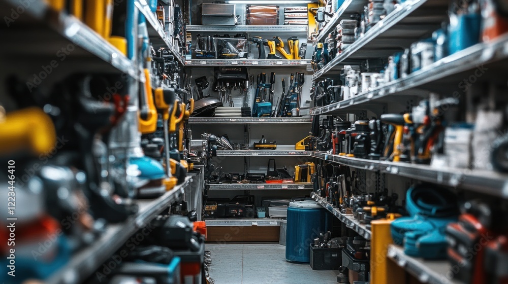 Aisle of tools and equipment neatly arranged on shelves Aisle of tools and equipment neatly arranged on shelves