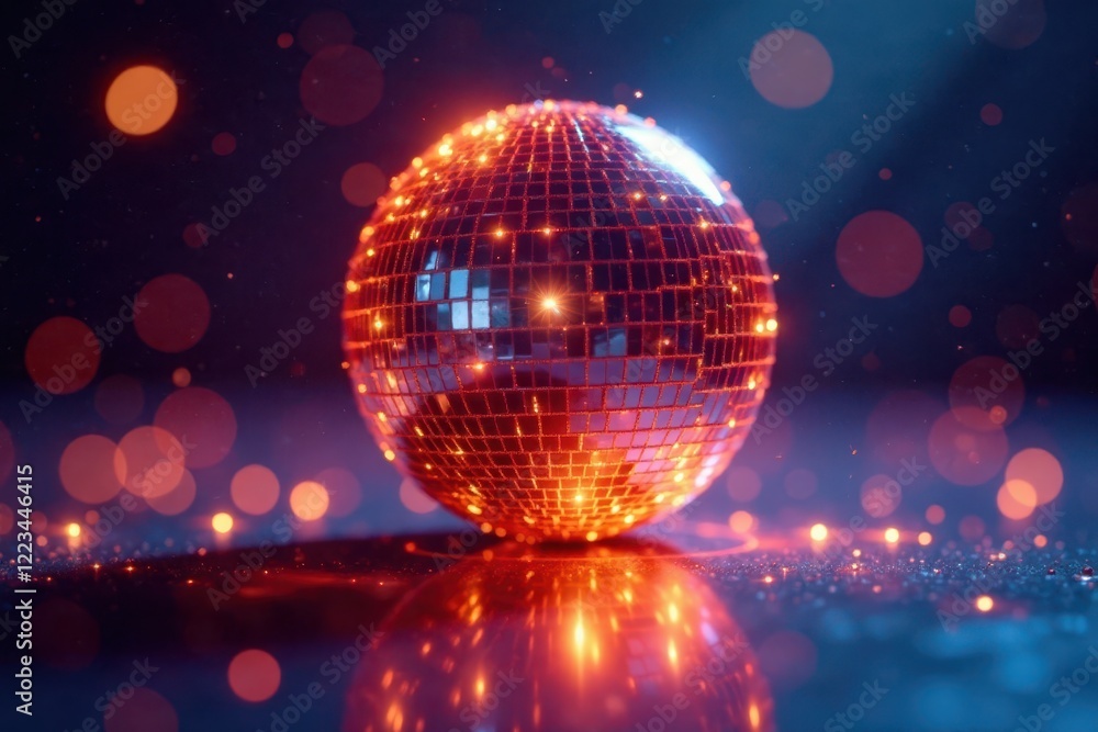 Sparkling disco ball reflects on waffle cornet, shiny lights dance, party, music instrument, festive decoration Sparkling disco ball reflects on waffle cornet, shiny lights dance, party, music instrument, festive decoration
