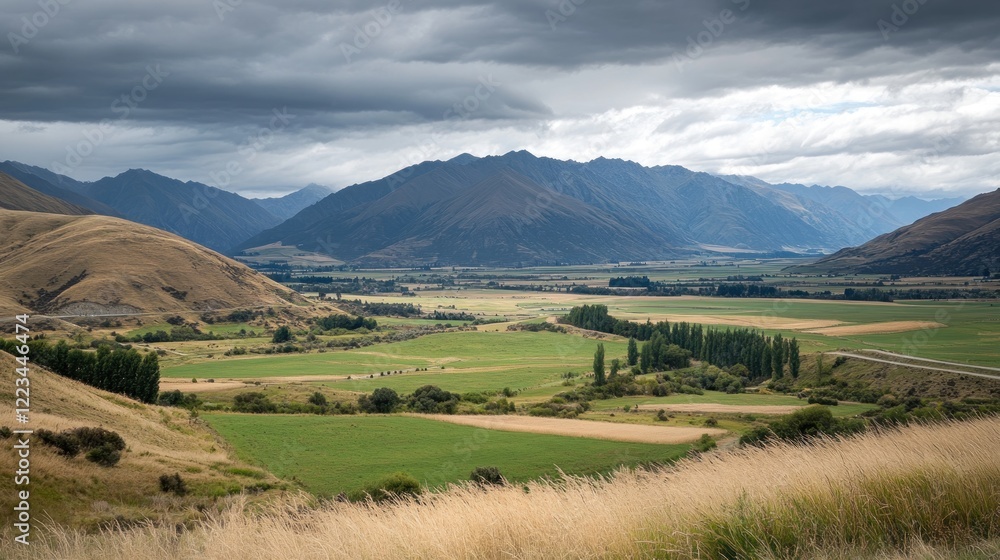 Naklejka premium Mountain Valley Landscape Under Cloudy Sky