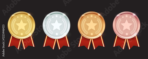 Gold, Silver, Bronze, and Rose Gold Medal Set. Trophy Collection for First, Second, Third, and Fourth Prizes. Star Metal Reward Badges for Winners and Certificates. Vector.