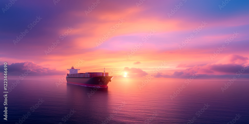 Panoramic view from copy space of container ship sailing on sea rising sun horizon containers with goods transported by sea trade lines merchant marine as shipping concept for business development Panoramic view from copy space of container ship sailing on sea rising sun horizon containers with goods transported by sea trade lines merchant marine as shipping concept for business development