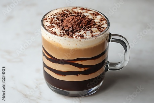 A rich, deep mocha with layers of creamy foam, chocolate syrup, and a sprinkle of cocoa powder on top. photo