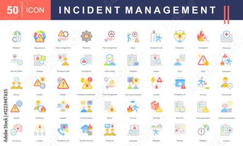 Incident Management icon set, featuring crisis handling, risk assessment, recovery, emergency plans, safety protocols, and response strategies. Perfect for safety and management projects.