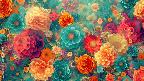 Wallpaper Mural Colorful Floral Pattern with 3D Flowers in Blue and Orange Torontodigital.ca