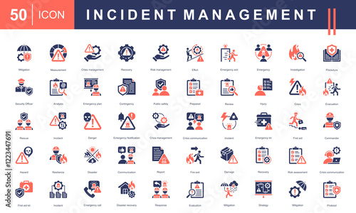 Incident Management icon set, featuring crisis handling, risk assessment, recovery, emergency plans, safety protocols, and response strategies. Perfect for safety and management projects.