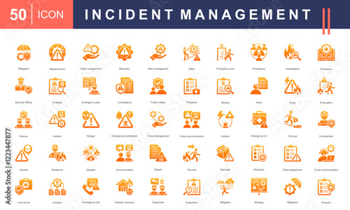 Incident Management icon set, featuring crisis handling, risk assessment, recovery, emergency plans, safety protocols, and response strategies. Perfect for safety and management projects.